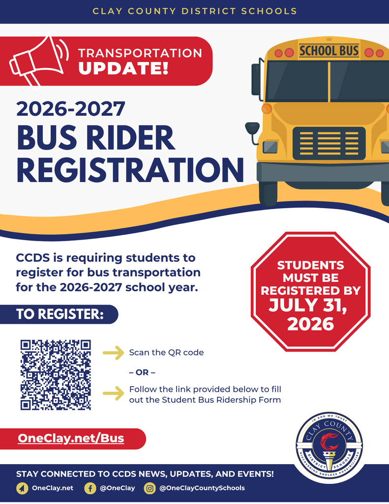 A poster for bus rider registration in Clay County District Schools for the 2026-2027 school year.