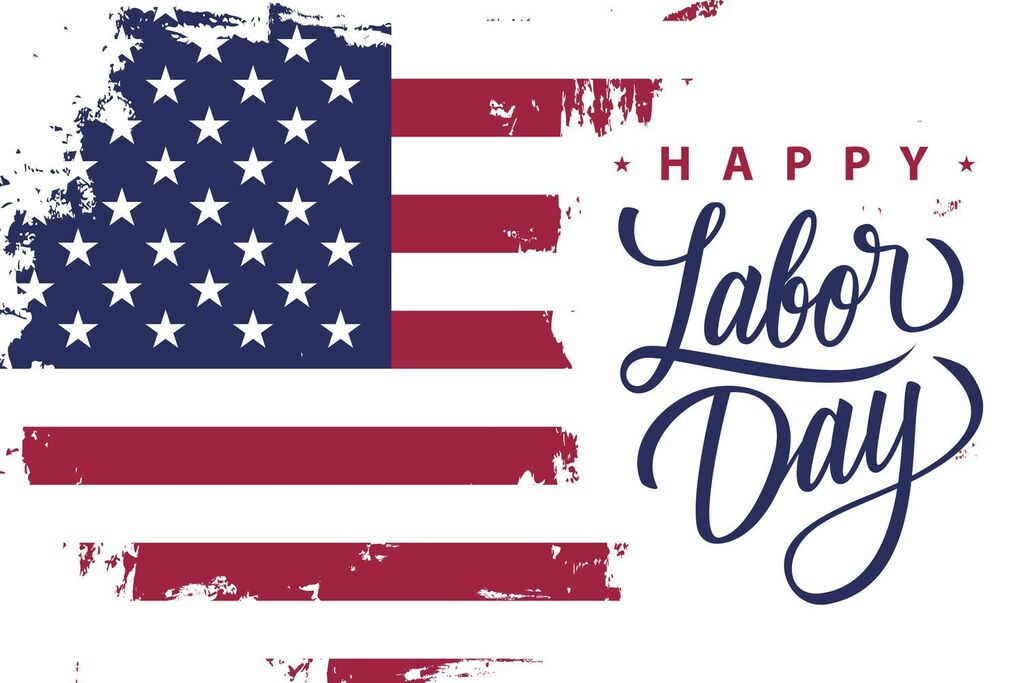 A white background features a distressed American flag. Text reads "Happy Labor Day" in blue cursive letters.