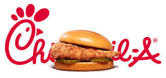 A fried chicken sandwich on a bun with pickles, displayed against a white background. The "Chick-fil-A" logo is prominently shown.