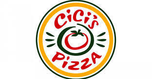 Logo with circular design, red text "Cici's Pizza," and a red tomato icon. Yellow and green edges.