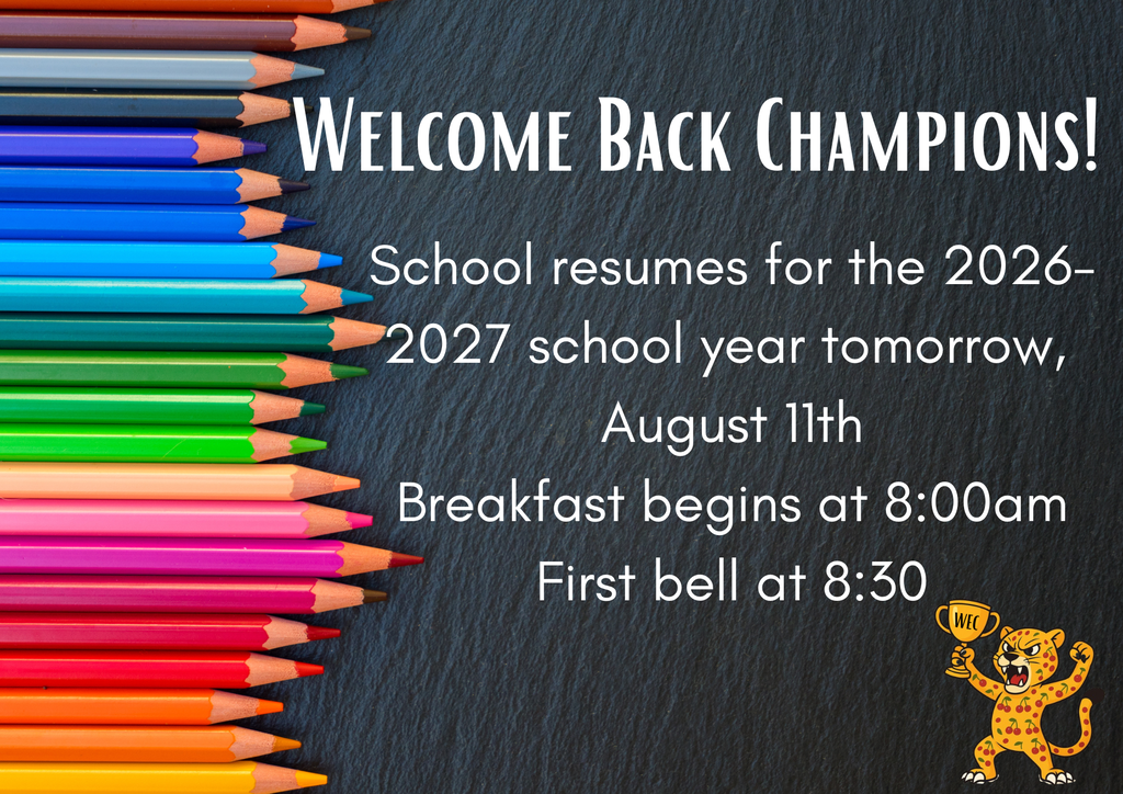 Display shows colorful pencils on a black surface. Text reads "Welcome Back Champions!" with school details: 2026-2027 year, August 11th, breakfast at 8:00am, first bell at 8:30.