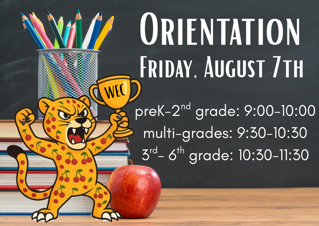 A classroom setting with a chalkboard, pencils, books, and a leopard mascot holding a trophy. An apple is next to the leopard.