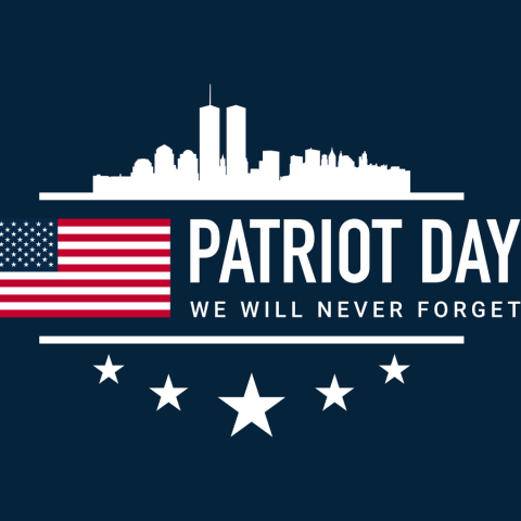 Blue background features white stars and a white city skyline. An American flag is below text reading "Patriot Day We Will Never Forget."