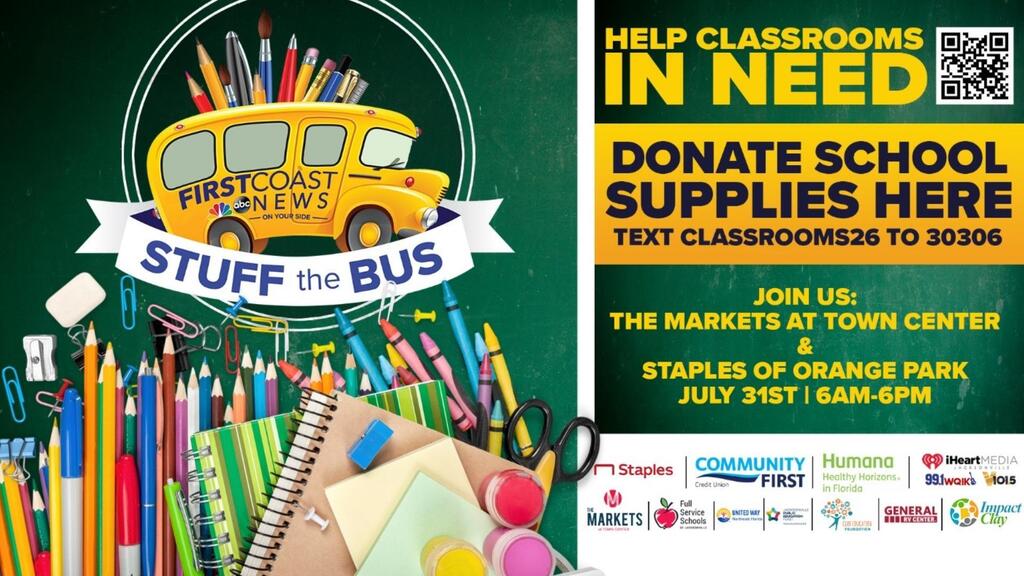 Poster with a school bus, pencils, and notebooks. Text reads "Help Classrooms in Need" and "Donate School Supplies Here".