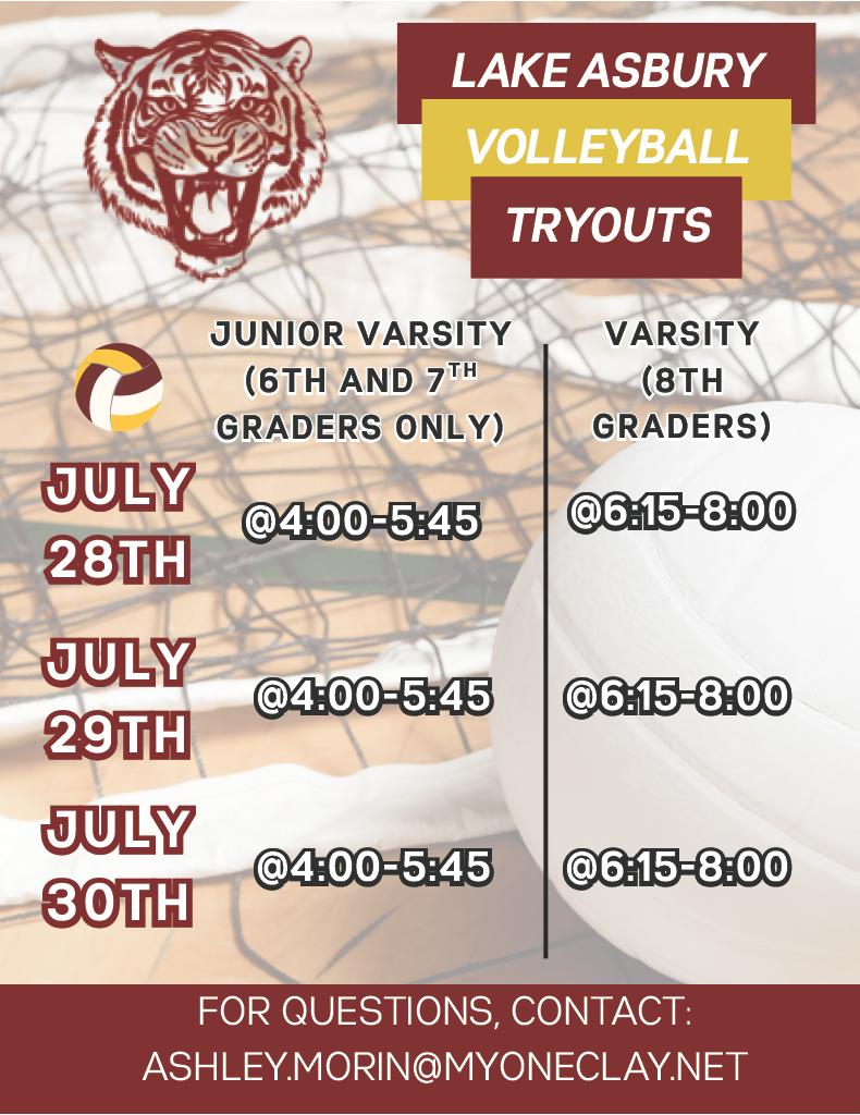 A poster for Lake Asbury volleyball tryouts displays a tiger's head, dates, and times for junior and varsity levels.