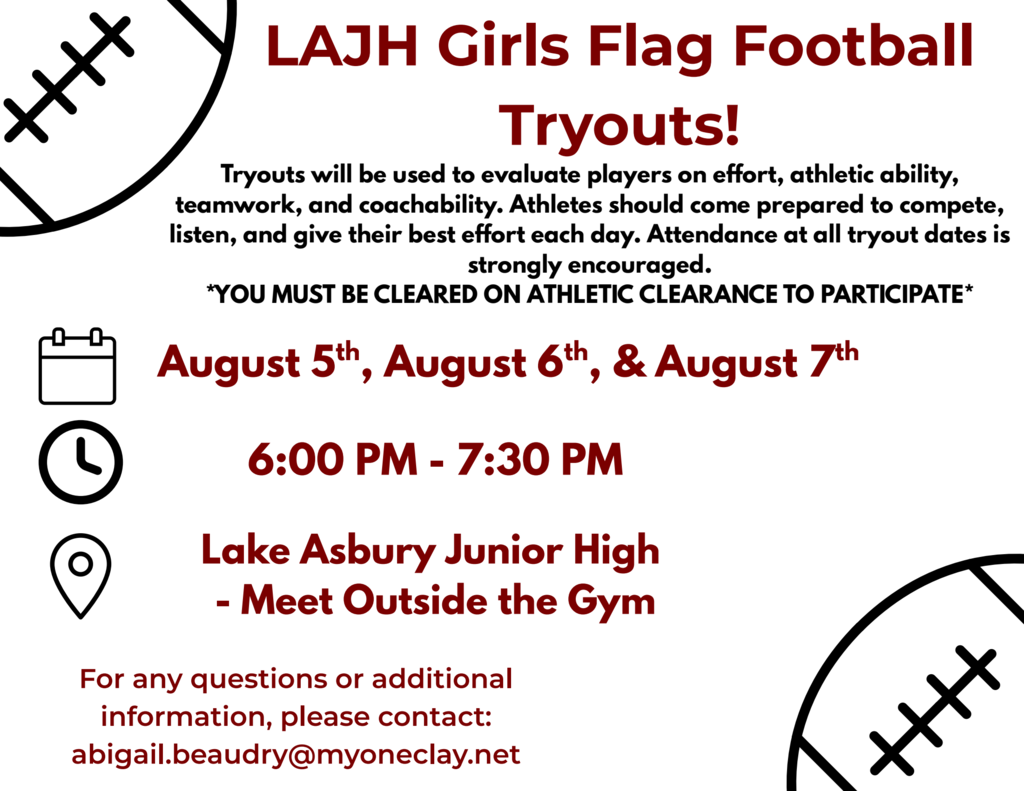 A sign for LAJH Girls Flag Football Tryouts, listing dates, times, and location. Contact info at bottom.