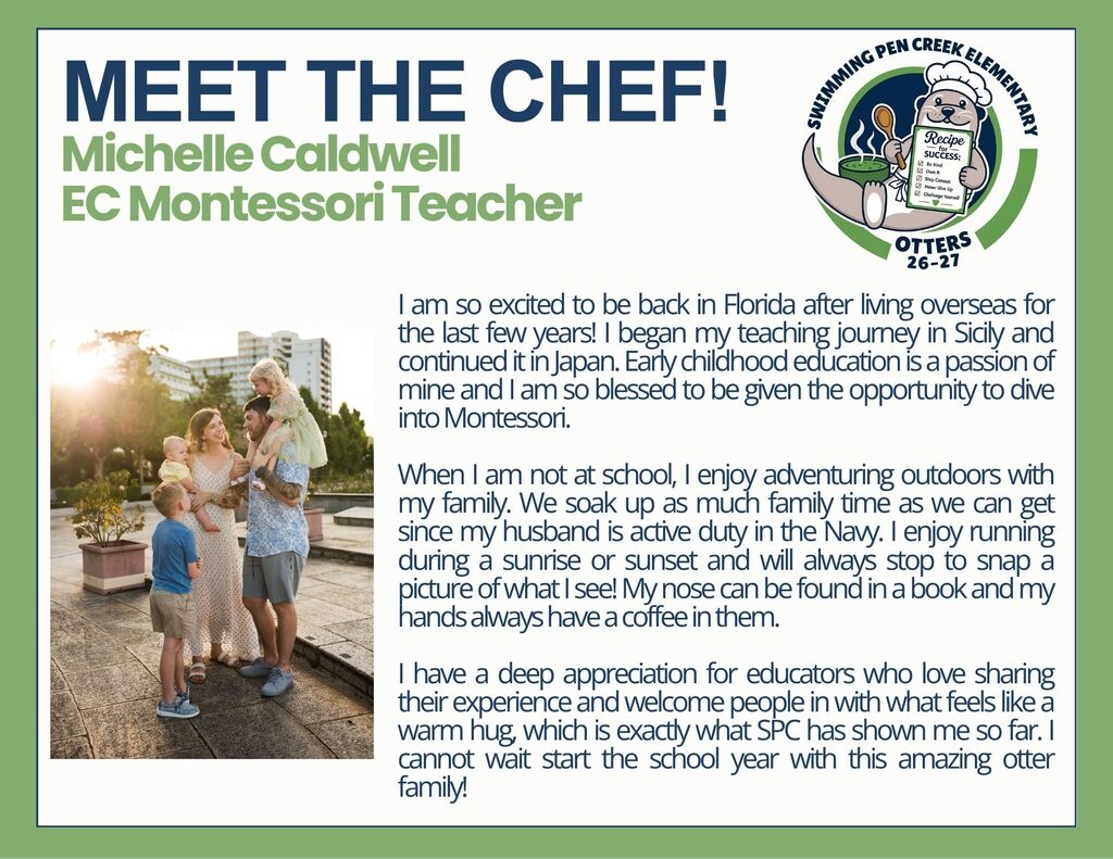 A poster introduces Michelle Caldwell, EC Montessori Teacher. A family stands outdoors under a sunset, and a logo is in the top-right corner.