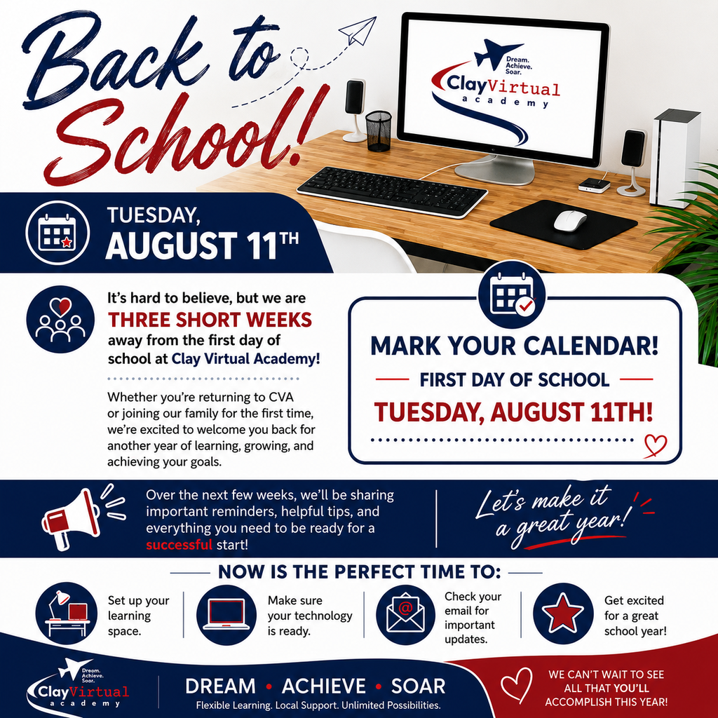 Advertisement for Clay Virtual Academy's back-to-school event on August 11. It shows a computer setup with a mouse and keyboard.