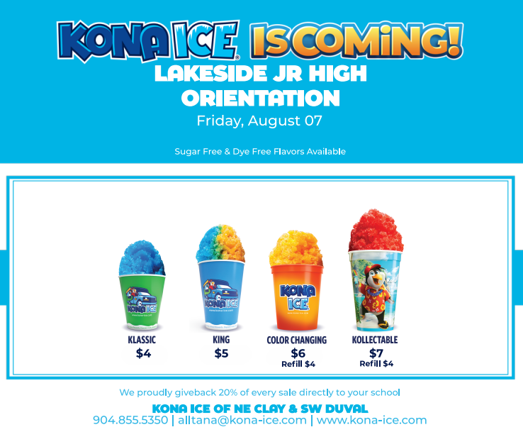 Poster with four drinks, including a blue, green, orange, and red snow cone. Prices and names are listed.