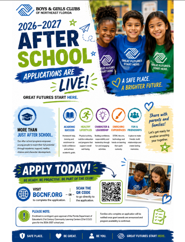 A flyer shows a group of smiling children. It reads, "2026-2027 After School Applications are Live!" It highlights benefits like safety, academic support, and character development.