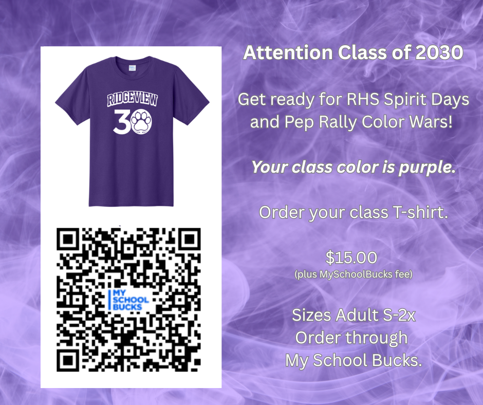 A purple background displays a T-shirt with "30" and "SCHOOL" text. Instructions for ordering are present. QR code is below.