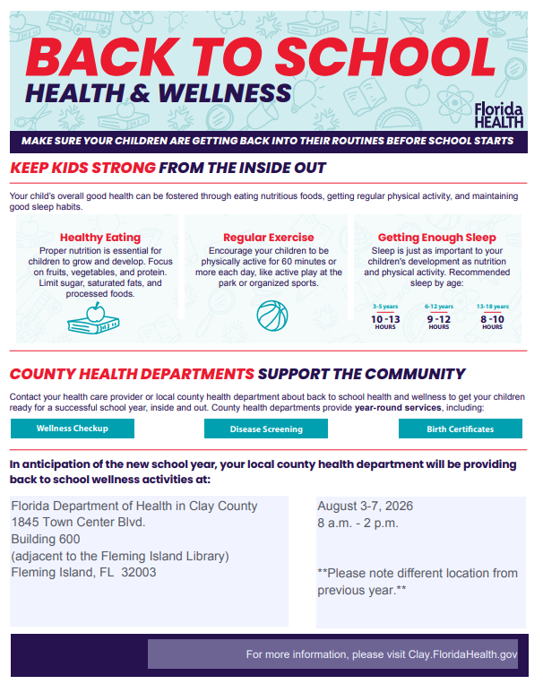 Get ready for the new school year, Manatee Families! 🎒✏️ Join us for the Back to School Health & Wellness Event at the Florida Department of Health in Clay County (Fleming Island)! 📅 When: August 3–7, 2026 ⏰ Time: 8:00 AM – 2:00 PM 📍 Where: FDOH Clay County (Fleming Island) 💉 Free Childhood Immunizations will be offered on a first-come, first-served basis. Please Note: No immunization appointments will be taken at the clinic during this week—walk-ins only!
