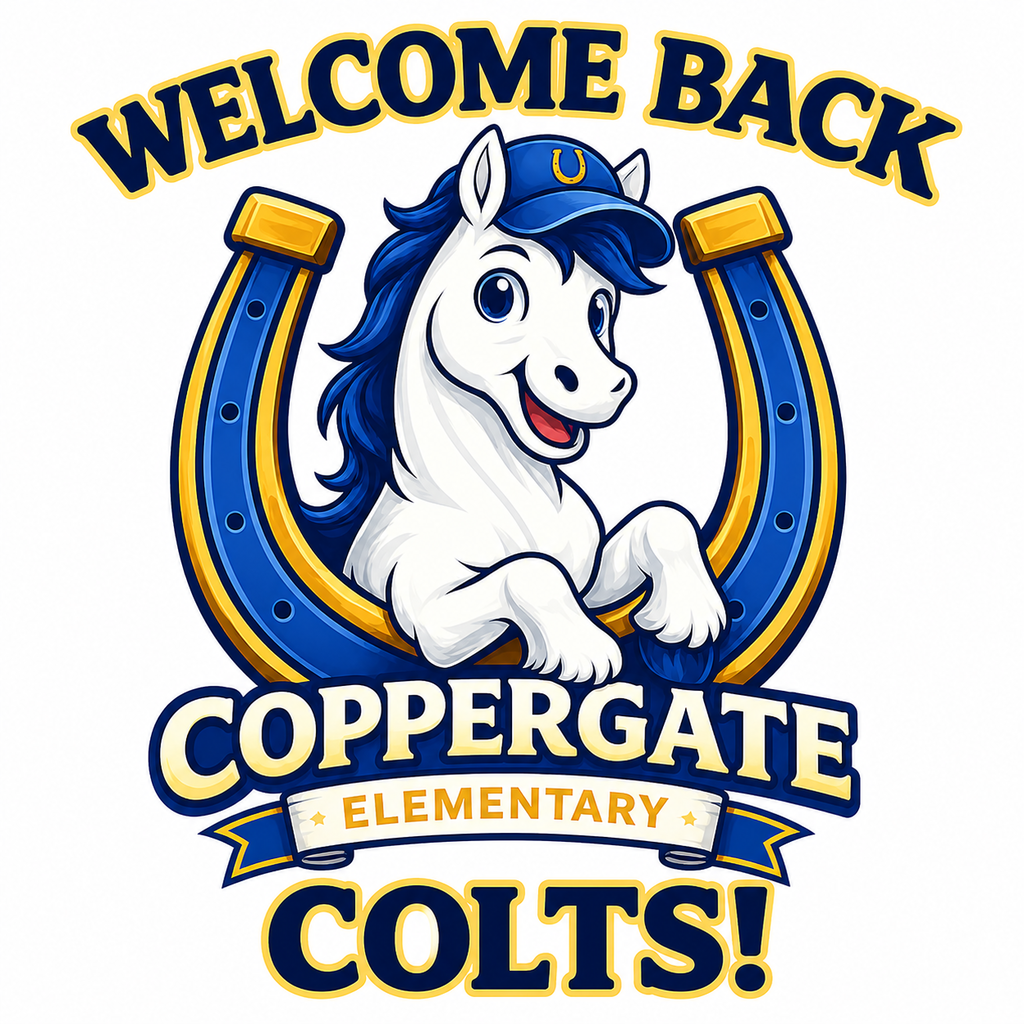 Coppergate Elementary's mascot, a white horse with blue mane wearing a blue cap, inside a blue and gold horseshoe.