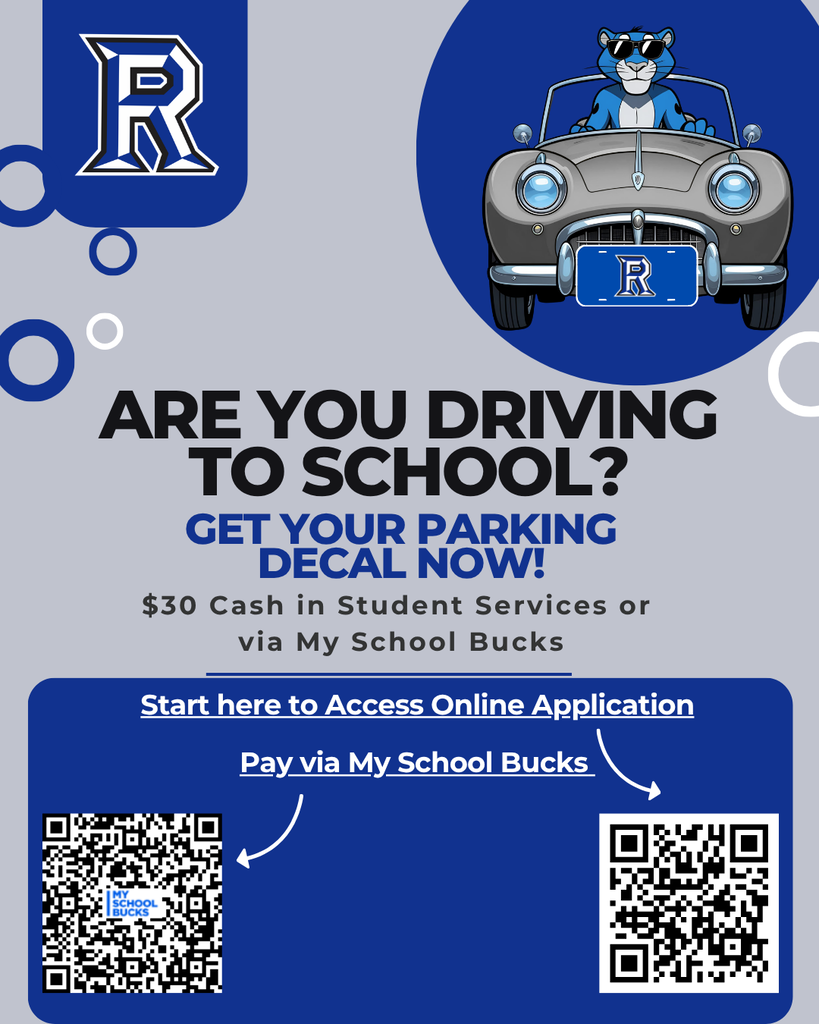 Blue and white sign offers a parking decal for $30. QR codes lead to payment via My School Bucks.