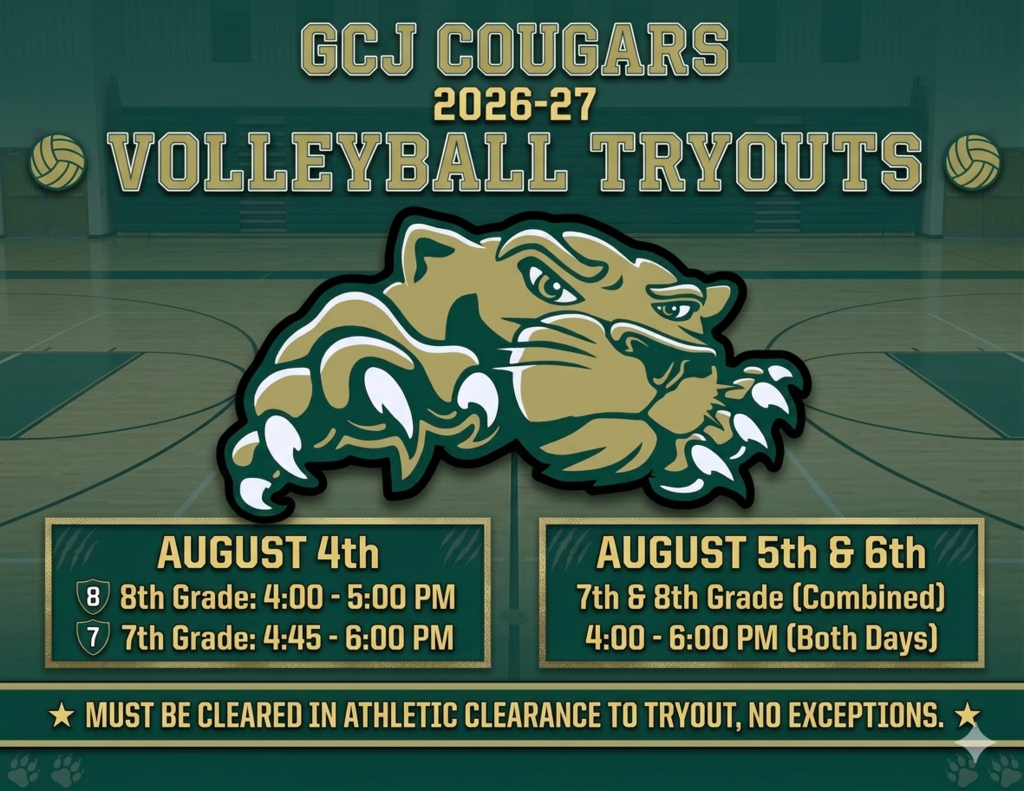 Green poster with a graphic of a cougar. Volleyball Tryout dates: August 4th for 8th and 7th grade. August 5th and 6th for 7th and 8th grade.
