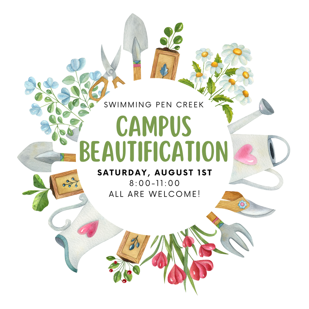 Circular design with gardening tools and flowers around it. "Campus Beautification" at the top. Date and time below.