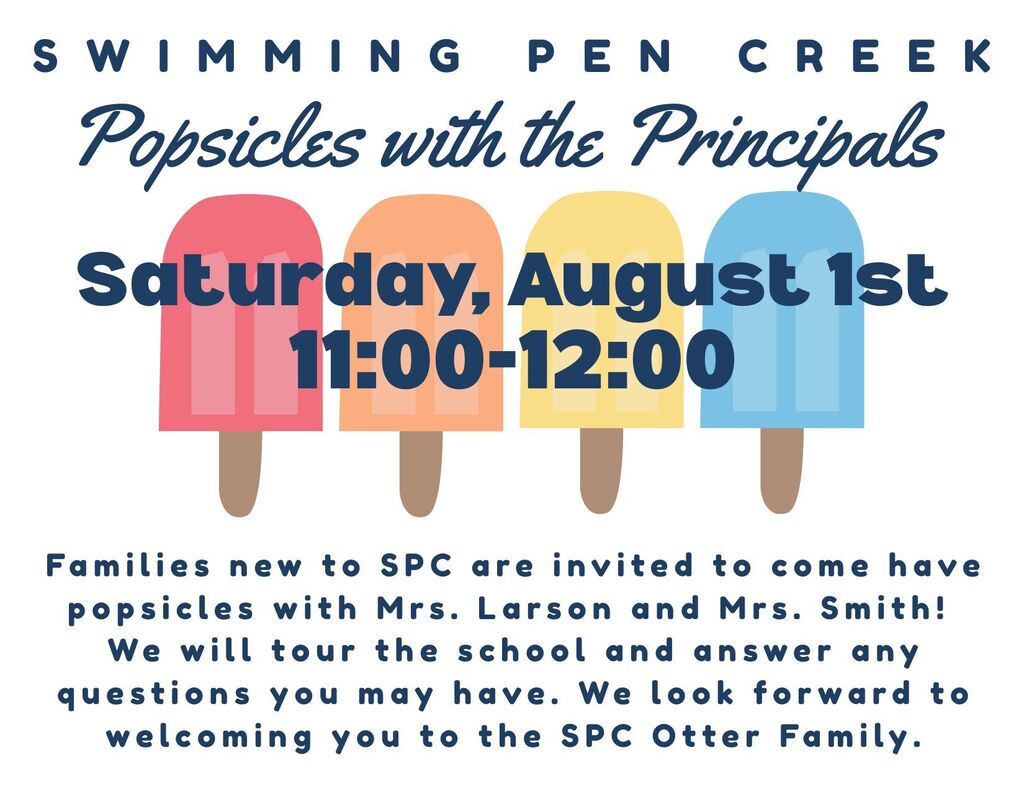 Colorful popsicles are shown in pink, blue, yellow, and orange. Text reads "Swimming Pen Creek Popsicles with the Principals".