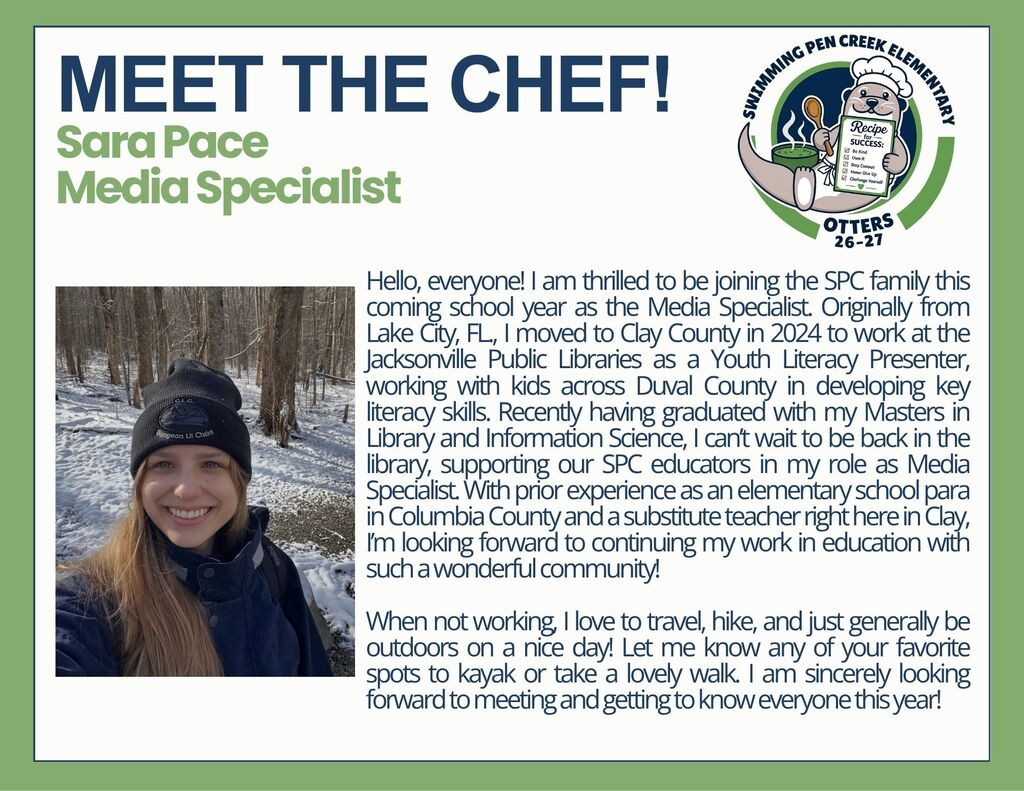 A poster introduces Sara Pace, Media Specialist at SPC, with her smiling face, hat, and jacket. Background is a snowy landscape.