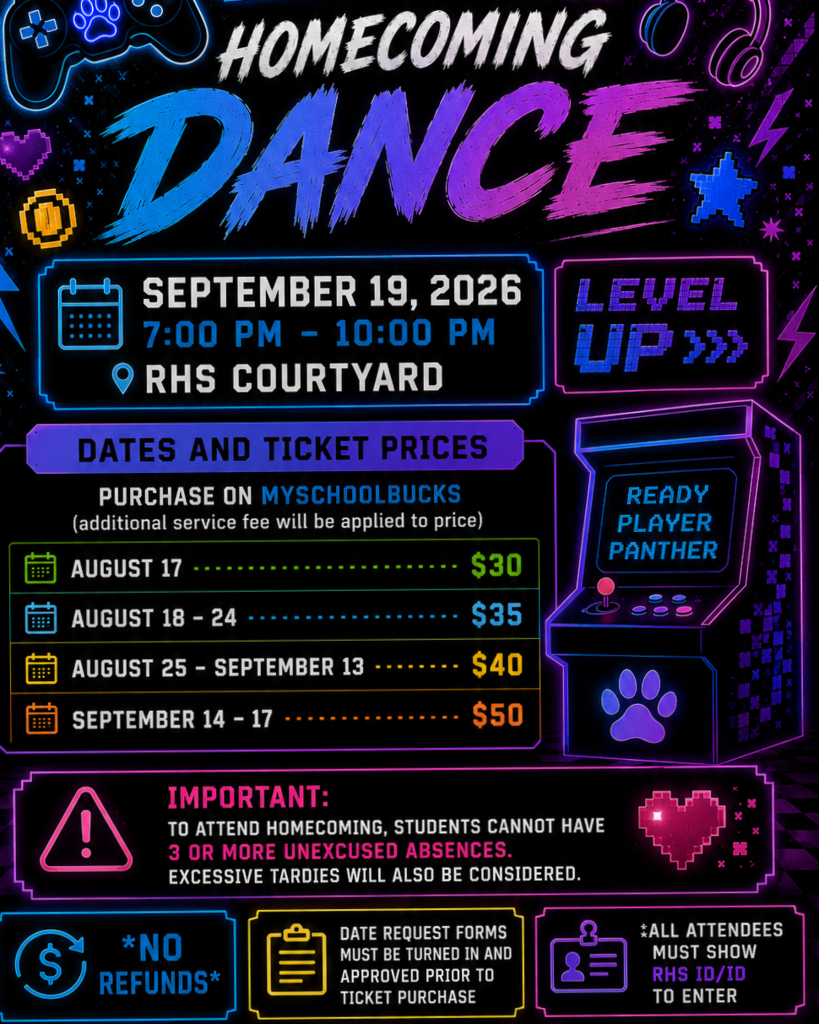 A colorful poster for a homecoming dance. It shows a date, time, and ticket prices. Bright colors and icons add to its visual appeal.