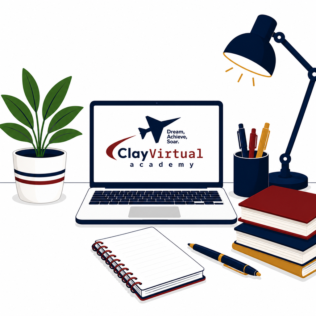 A laptop displays the Clay Virtual Academy logo. Surrounding it are books, a pen, a notepad, a plant, and a lamp.
