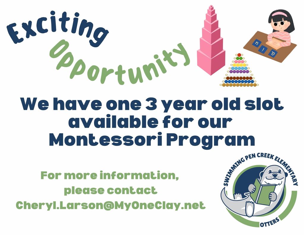 A poster advertises a Montessori program with an available slot for a 3-year-old. Icons include a tower, a girl with a book, and a sea otter.