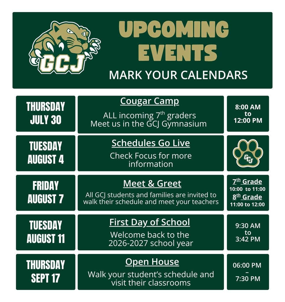 Green background with a lion logo. Text reads "Upcoming Events" and "Mark Your Calendars." Dates and events listed.