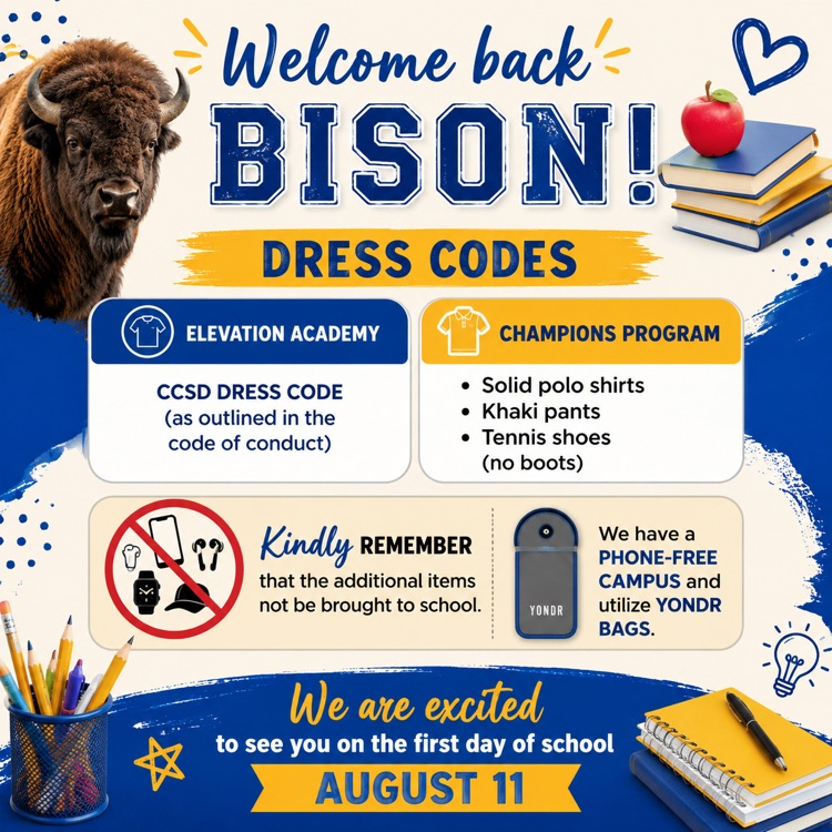 A flyer that outlines the dress code for elevation along with the dress code for the champions program and remind students that we are phone free campus