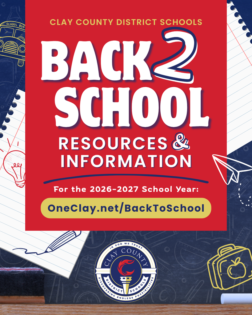 Poster with "Back 2 School" in bold, "Resources & Information" below, and a website address. Background has a blue chalkboard and school supplies.