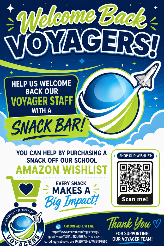 Let's come together to warmly welcome our incredible Voyager staff back! Show your appreciation and gratitude by celebrating them with a delicious snack bar. Your support can make a real difference—simply pick out a tasty treat from our Amazon Wishlist and help us make this moment memorable for everyone. Together, let's show them how much we value and cherish their hard work and dedication! https://www.amazon.com/registries/gl/guest-view/1I8NAU4KIU69B?ref_=cm_sw_r_cp_ud_ggr-subnav-share_J4B1P9G7M5B8C0SF9CKN