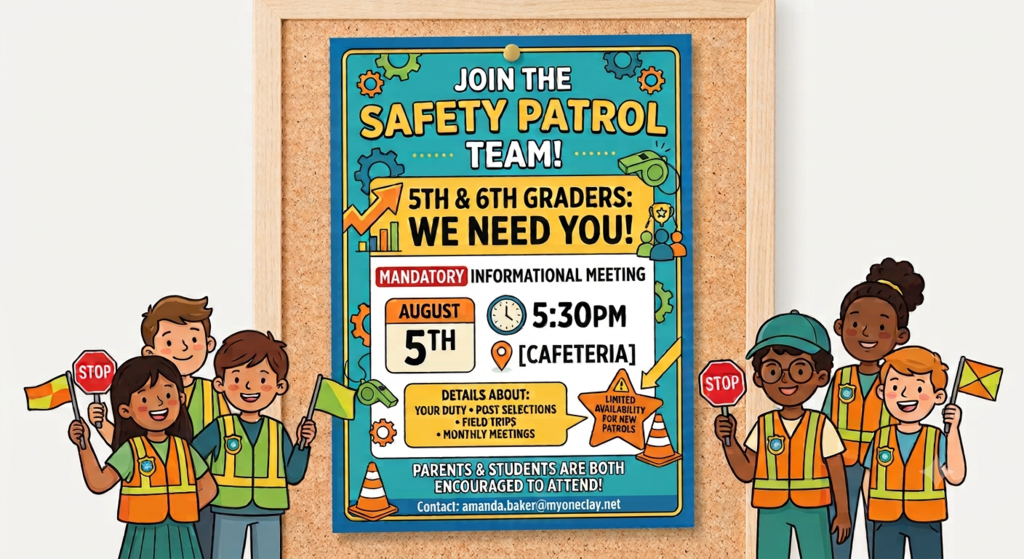 Safety Patrol Informational meeting for interested 5th and 6th graders. August 5th at 5:30 in the cafeteria.