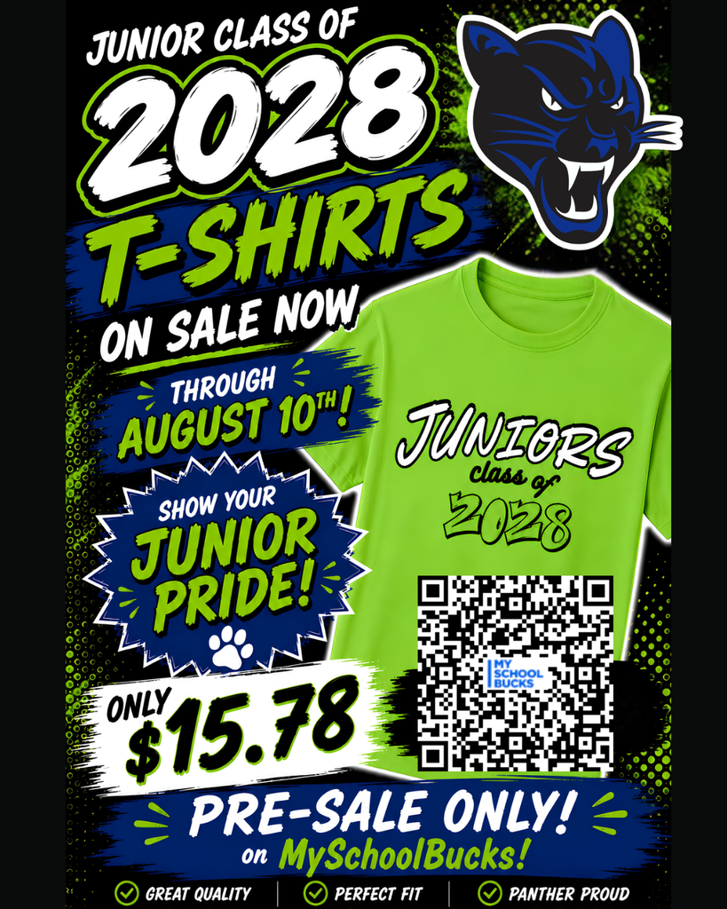 A green t-shirt with "JUNIORS class of 2028" and a paw print is displayed. Text reads "Junior Class of 2028 T-Shirts on sale now".