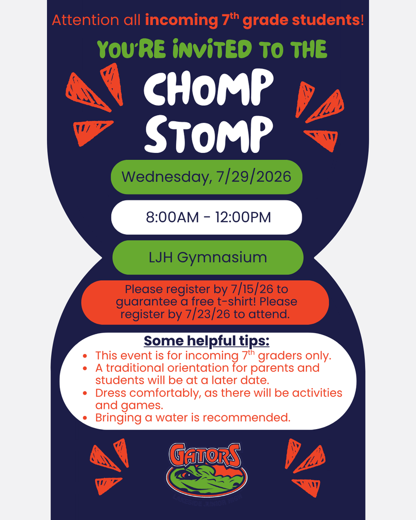 Invitation flyer for 7th graders attending "Chomp Stomp" on 7/29/2026 at LJH Gymnasium from 8:00 AM to 12:00 PM.