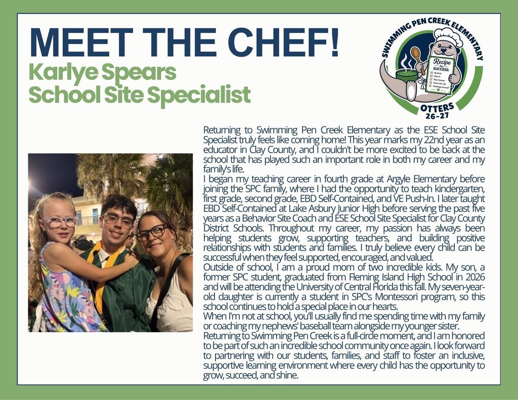 A green banner displays "Meet the Chef! Karlye Spears, School Site Specialist" with a logo and text. A smiling woman and two children pose together.