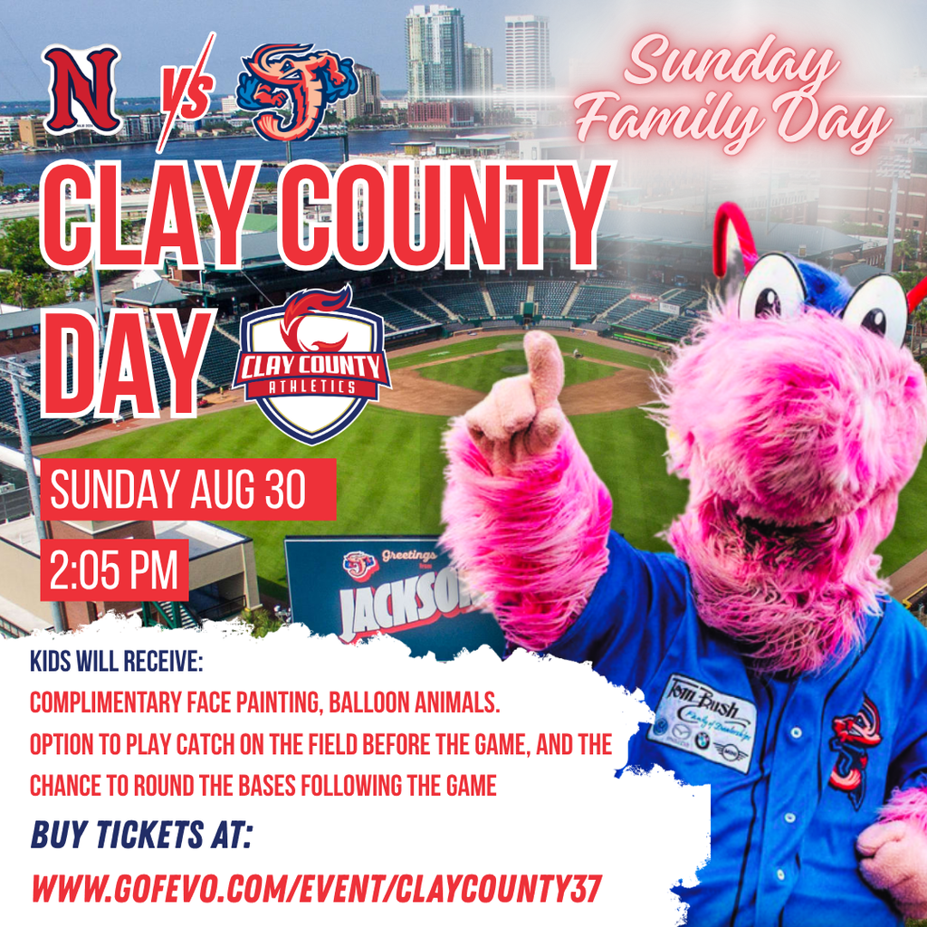 Clay County Day event advertisement. A mascot in pink with an antenna, giving a thumbs up. Date: Sunday, Aug 30, 2020, time: 2:05 PM.