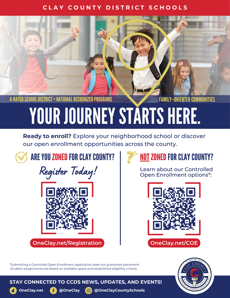 An advertisement for Clay County District Schools shows children, a map pin, and the text "Your journey starts here." It provides enrollment options and QR codes.