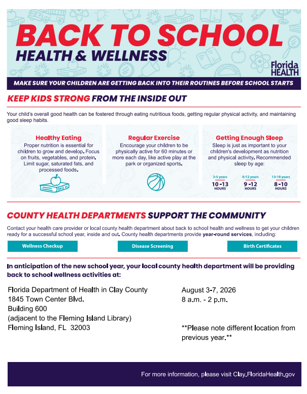 A poster with "Back to School Health & Wellness" in bold text provides information about children's health.