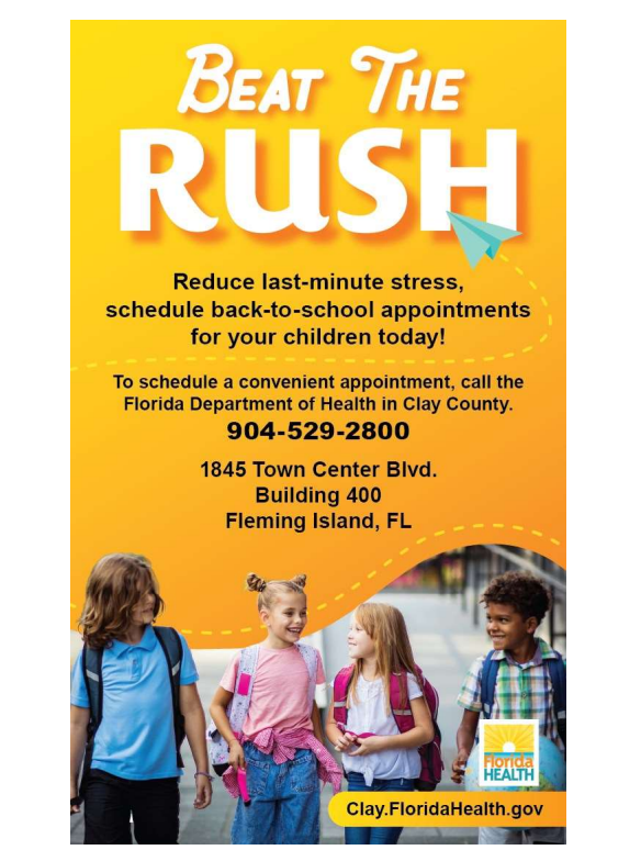A yellow poster with white text. Children walk past a building. The text reads, "Beat the Rush." Contact information and a website address are provided.