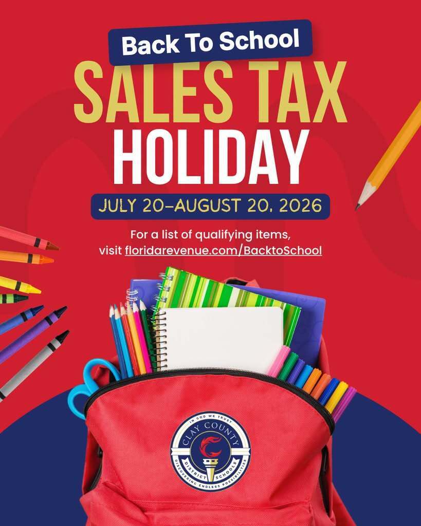 Poster for sales tax holiday. A school backpack with school supplies and pencils on a red and blue background.