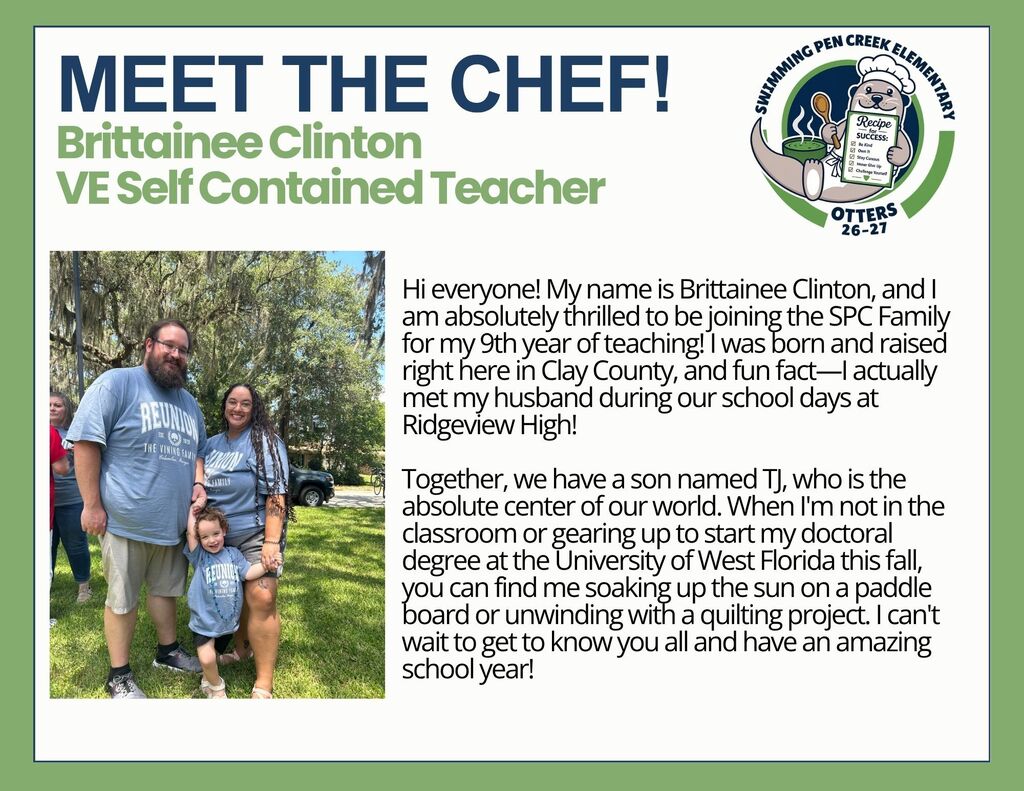 An introduction to Brittainee Clinton, a self-contained teacher, with a photo of her and her family in a grassy area.