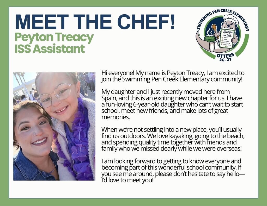 An image featuring a smiling woman and child, text reads "Meet the Chef! Peyton Treacy ISS Assistant".