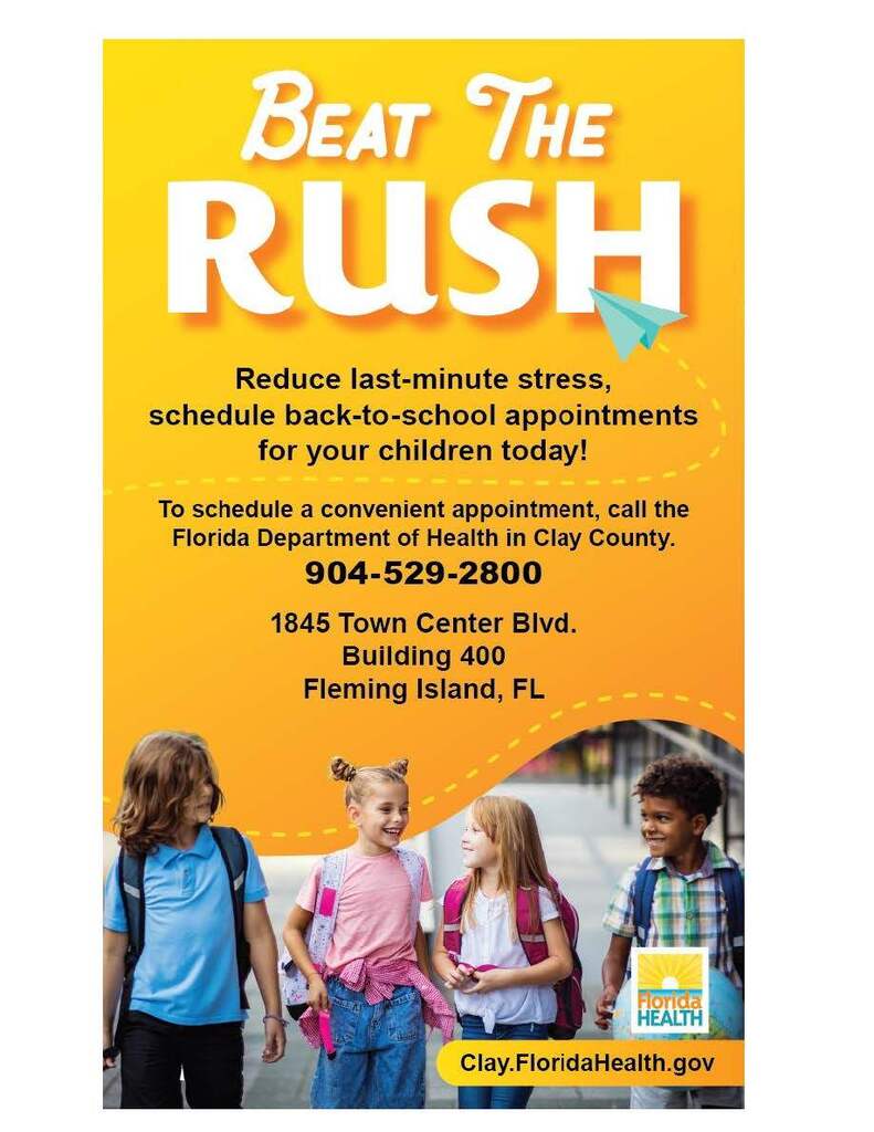 Flyer for back-to-school appointments. Text and children's photo. Contact number and address provided.