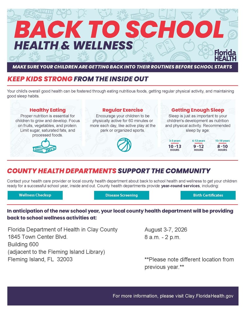 An infographic for Back to School Health & Wellness. Sections include Healthy Eating, Regular Exercise, Getting Enough Sleep. The event will be held on August 3-7, 2025 at 8 a.m. - 2 p.m.