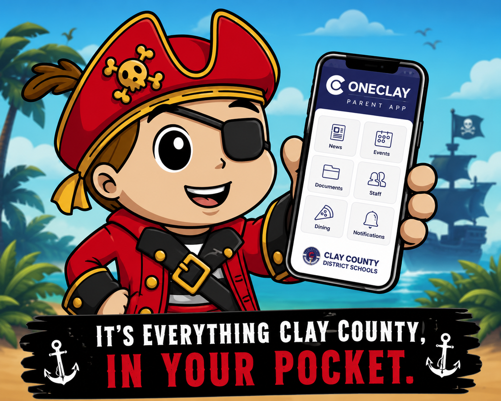 Cartoon pirate holding a smartphone with app labeled "OneClay Parent App" with icons, on a beach with a ship in the background.