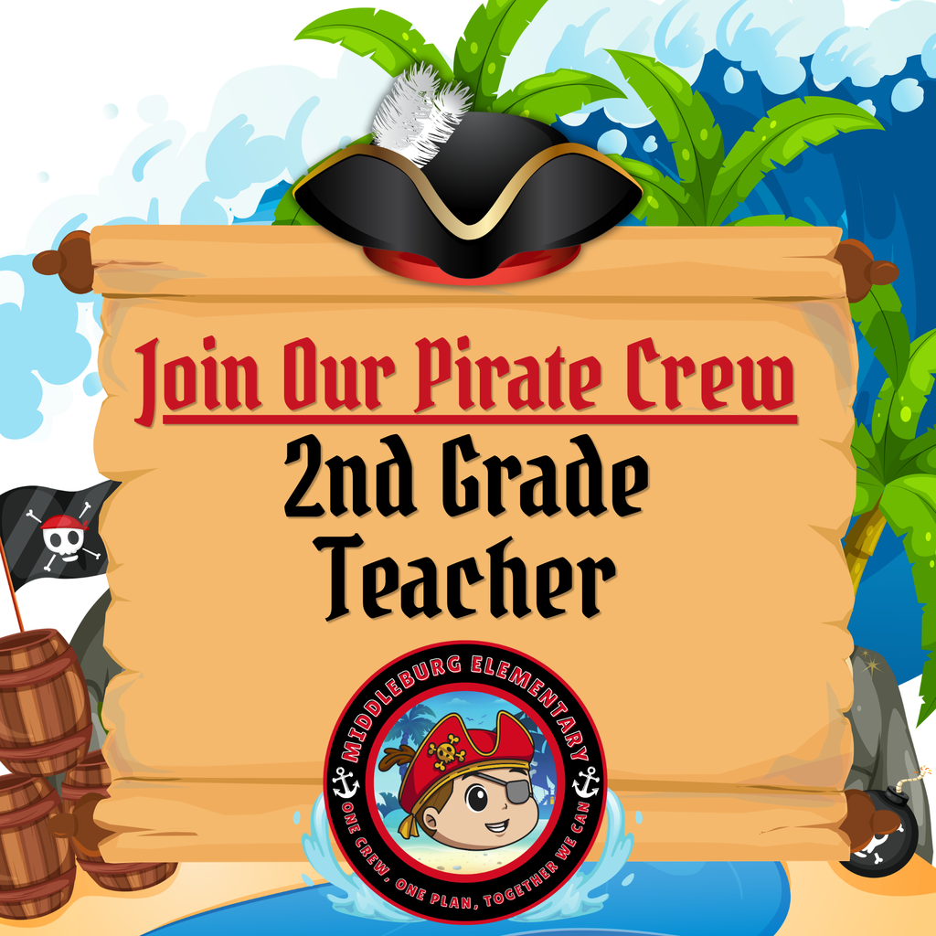 A beach setting with a scroll reading "Join Our Pirate Crew 2nd Grade Teacher" and a pirate hat.