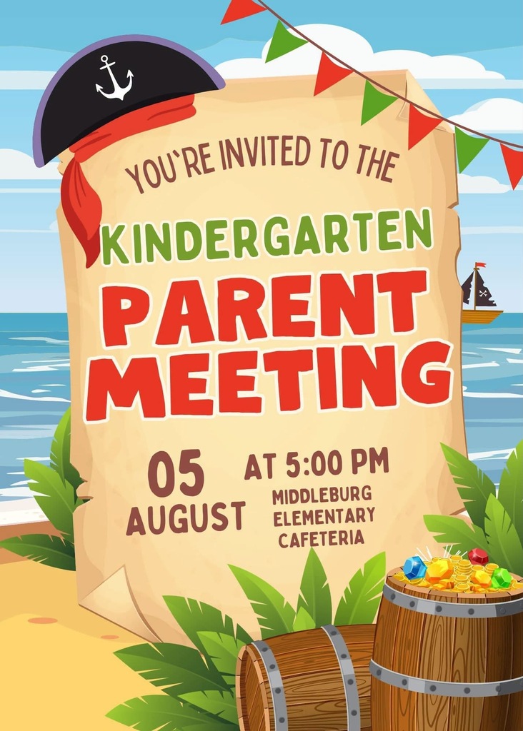 Invitation with a pirate hat and treasure chest. Text reads: "You're invited to the Kindergarten Parent Meeting." Date: August 5, 5:00 PM.