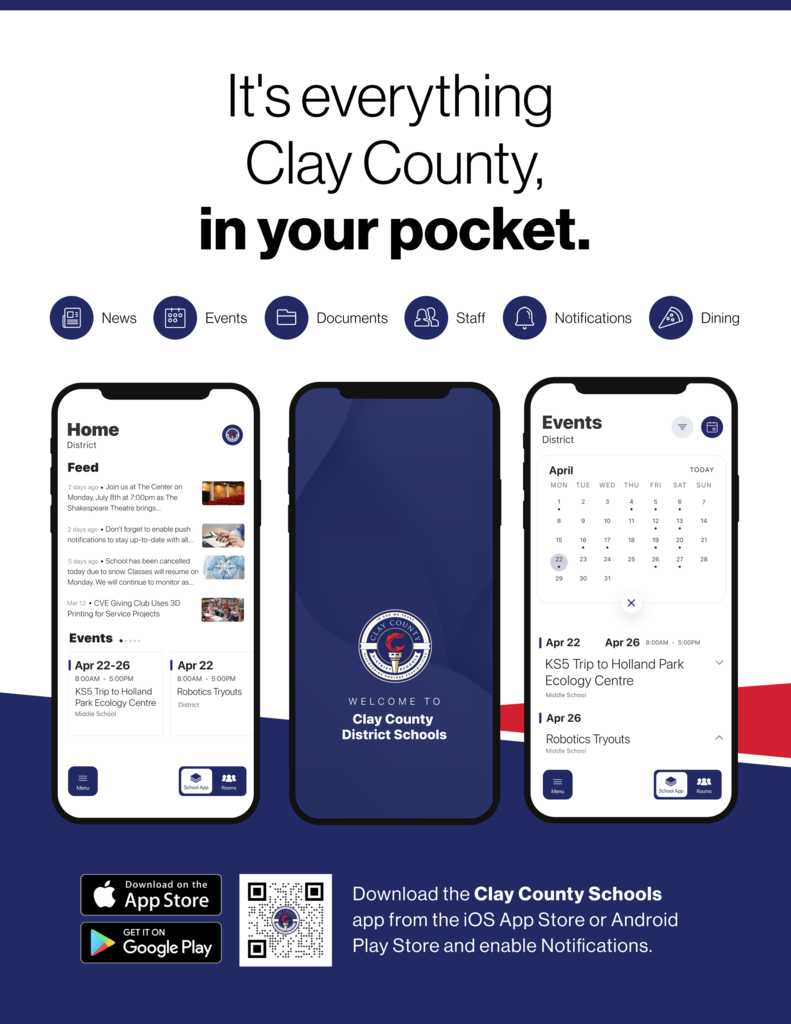 An advertisement for Clay County Schools app features three mobile phones displaying Home, Events, and Feed sections with icons for News, Events, Documents, Staff, and Dining.