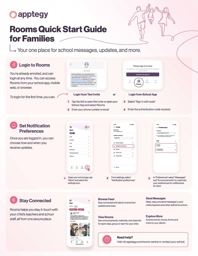 A pink-backgrounded page provides a guide on how to use the Rooms app. It lists steps like logging in and setting notification preferences.
