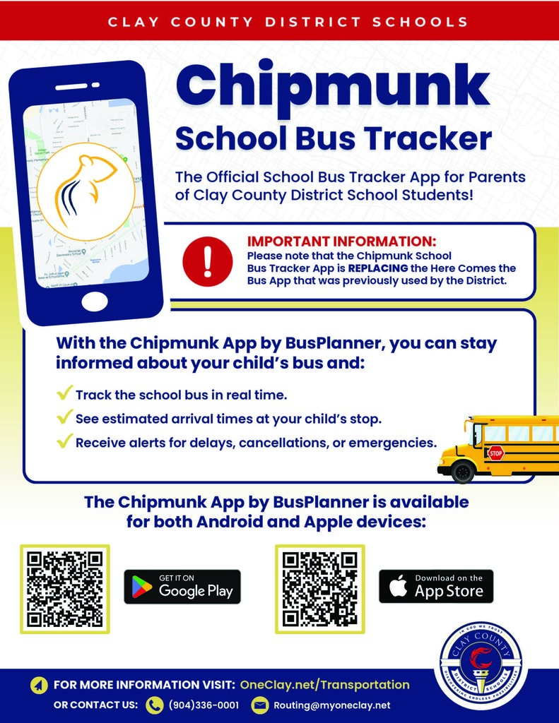 A blue smartphone displays the Chipmunk School Bus Tracker App by BusPlanner. Information about tracking school buses, seeing arrival times, and receiving alerts is presented.