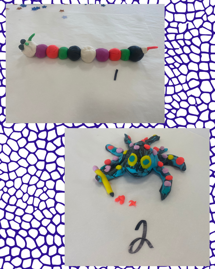 Collage with two pictures; first shows a colorful caterpillar. Second shows a blue spider with the number 2.