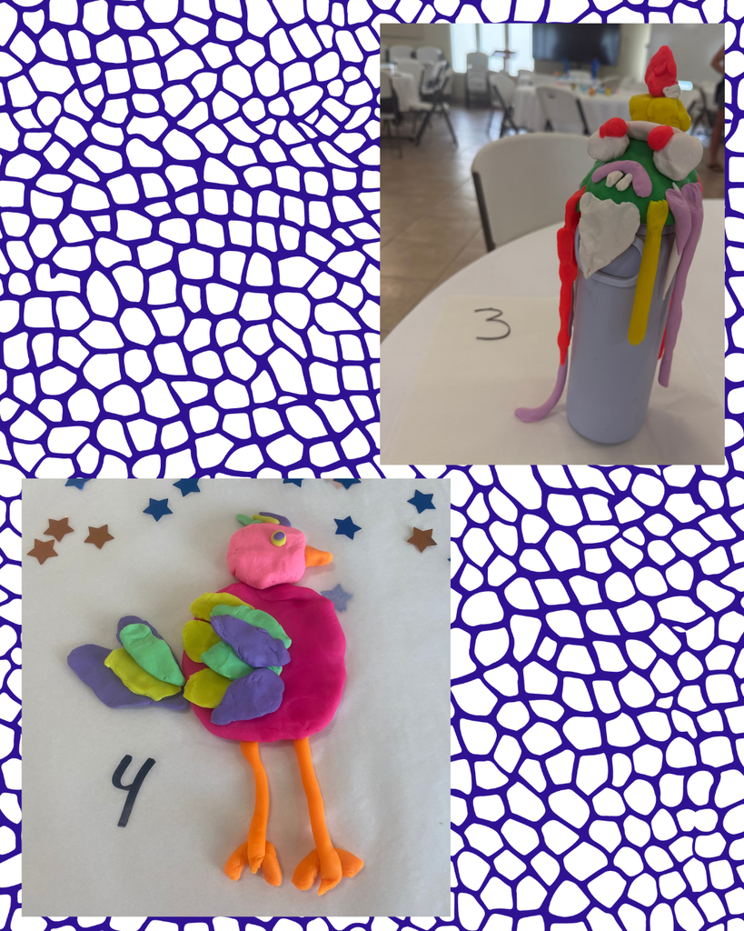 Three images: first, a colorful bird made from colorful paper, second, a bird made from clay with a paper crown, and third, a bird with a multicolored body.